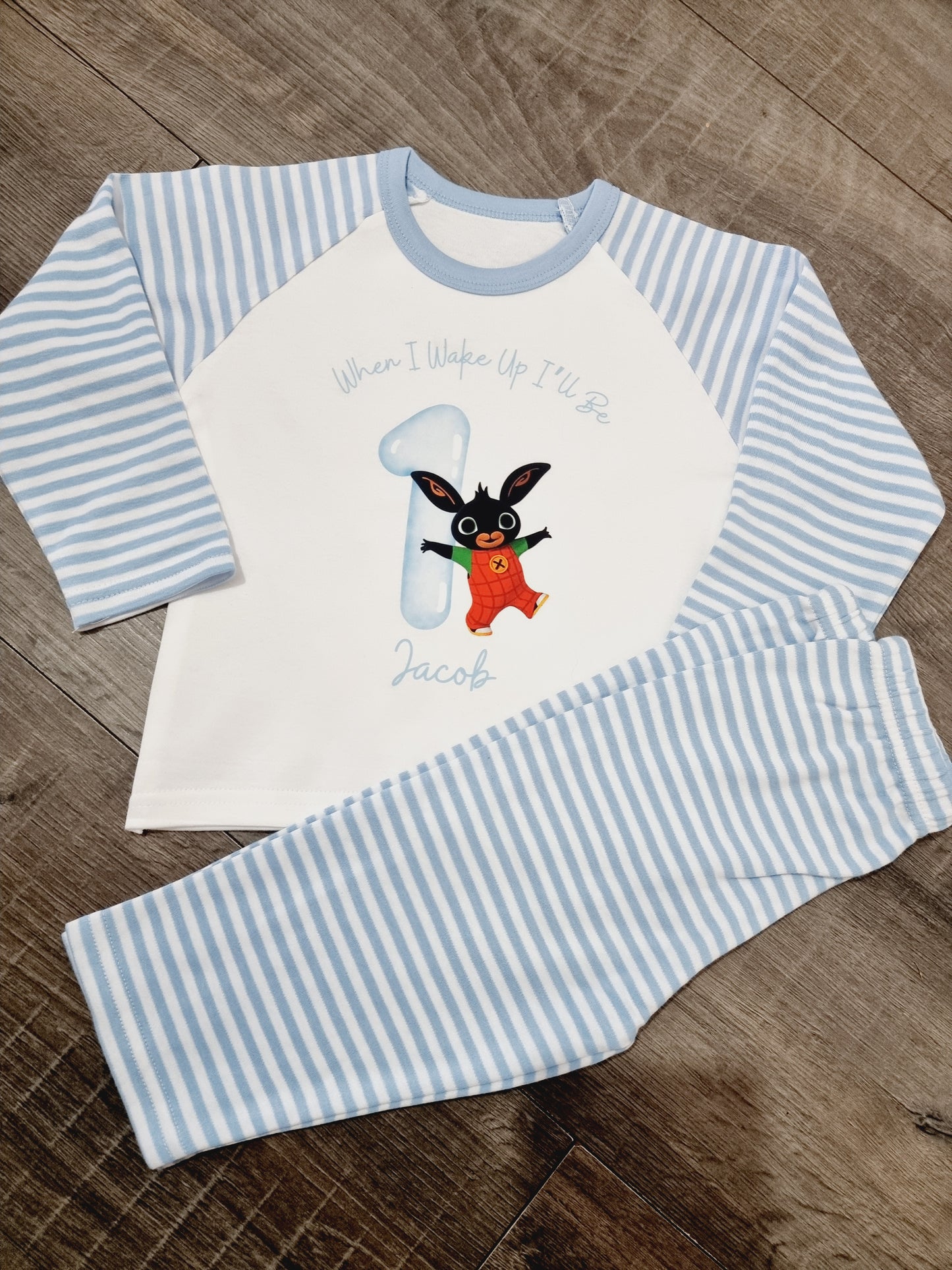 Blue stripe birthday pjs bing design, when i wake up pjs
