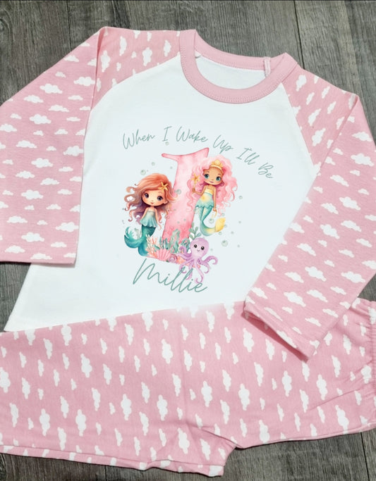 Personalised Pink cloud mermaid birthday pyjamas