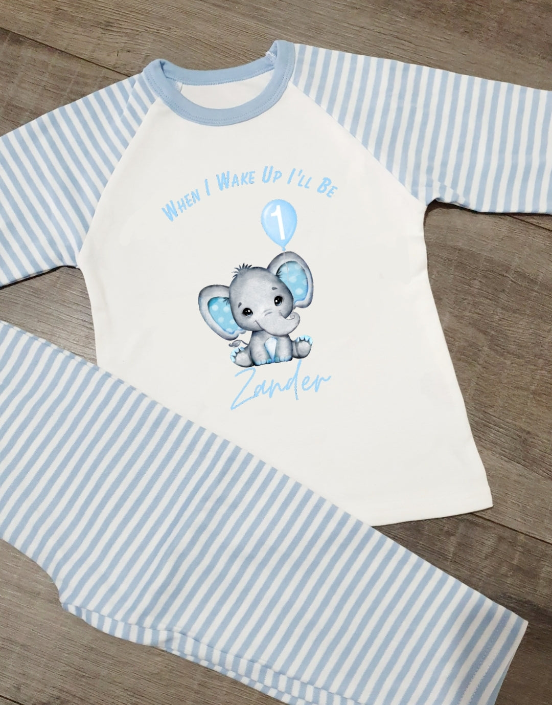 Blue stripe birthday pjs elephant style, when i wake up pjs