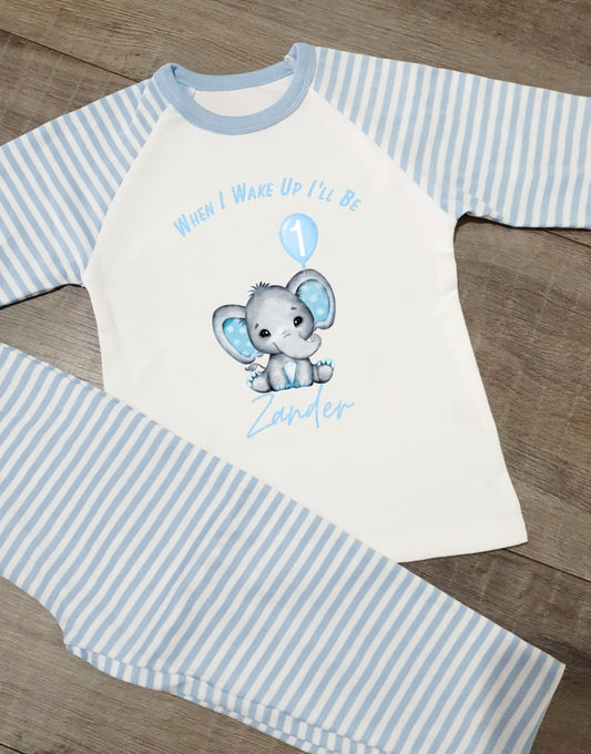 Blue stripe birthday pjs elephant style, when i wake up pjs