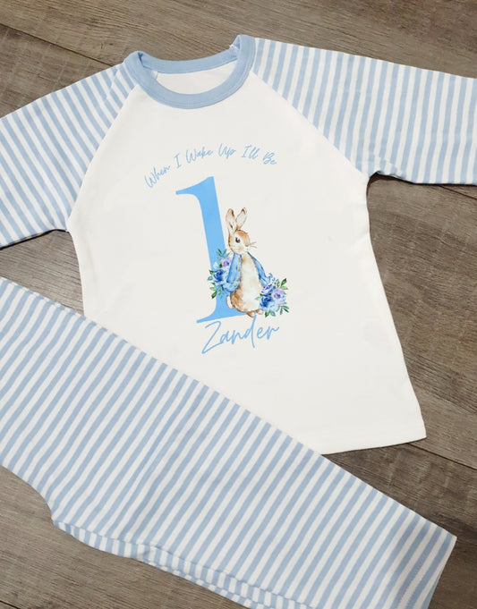Blue stripe birthday pjs peter rabbit design, when i wake up pjs