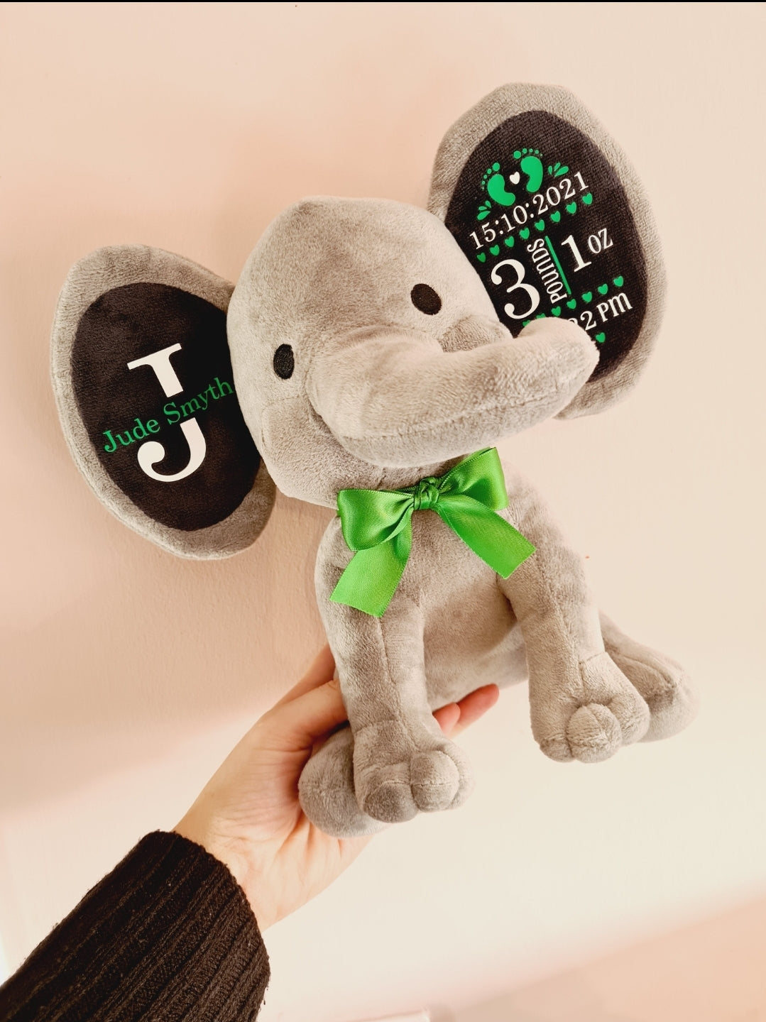 Personalised baby elephant with birth details