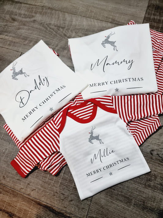 Personalised Red stripe family reindeer pjs