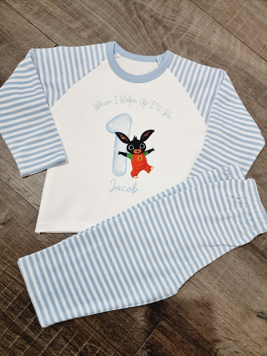 Blue stripe birthday pjs bing design, when i wake up pjs