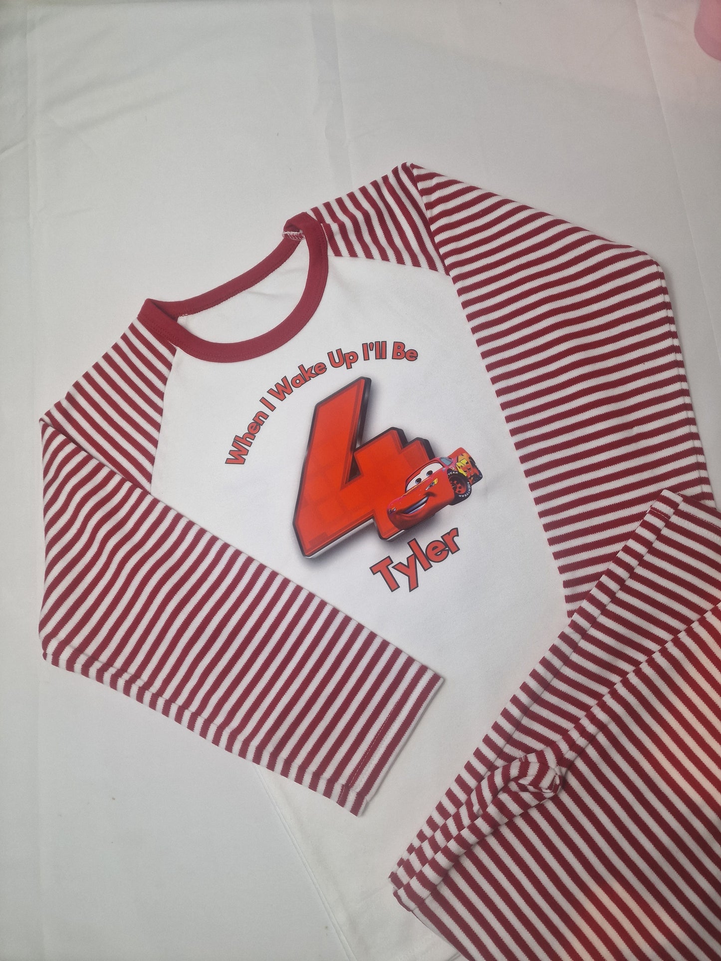 Personalised red stripe birthday pjs cars style, when i wake up pjs