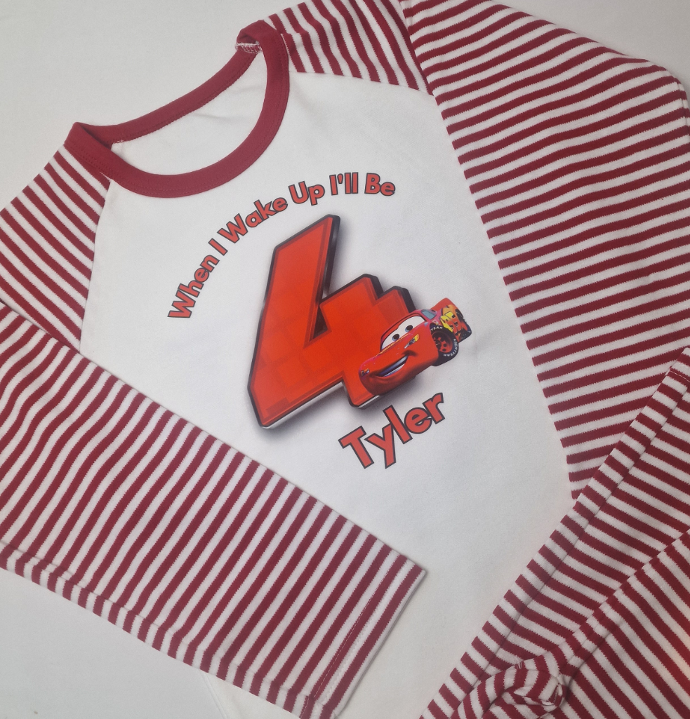 Personalised red stripe birthday pjs cars style, when i wake up pjs