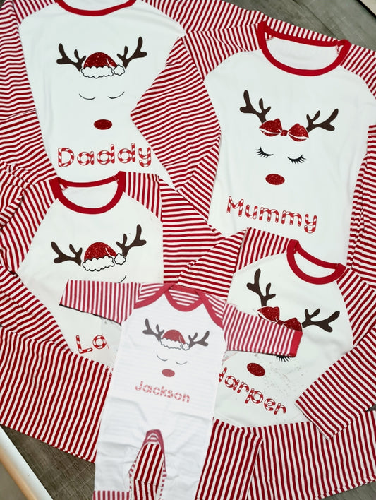 Red stripe family reindeer pjs
