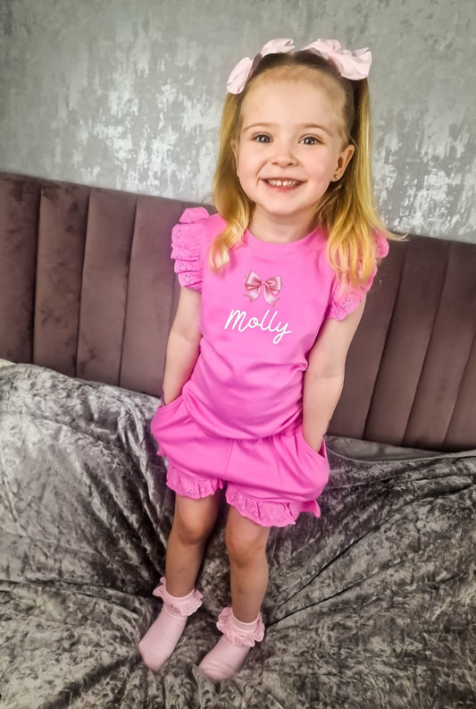 Personalised childrens frill short set with name and bow