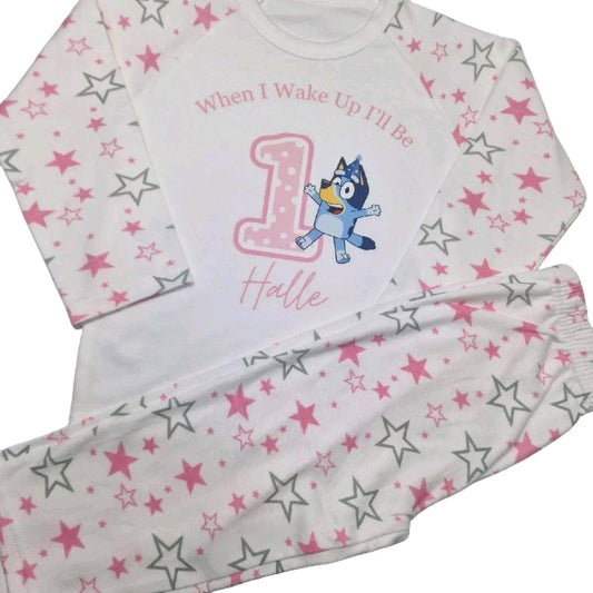 Personalised Pink star bluey birthday pyjamas