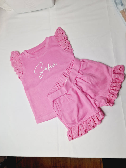 Personalised childrens frill short set with name